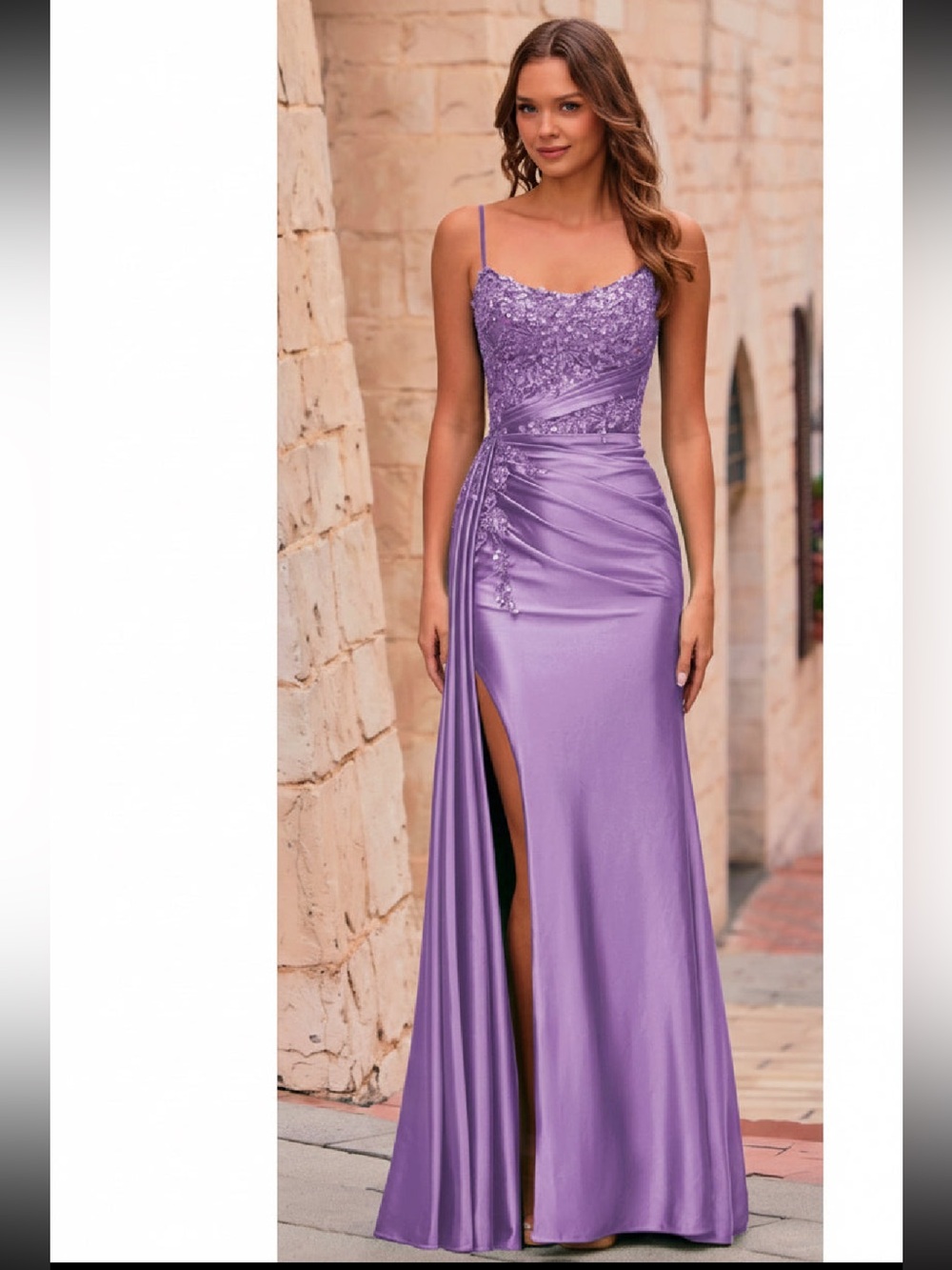 Stacees Fitted Embroidery Sheer Corset Slit Prom Dress with Side Draping 💗NWT💗